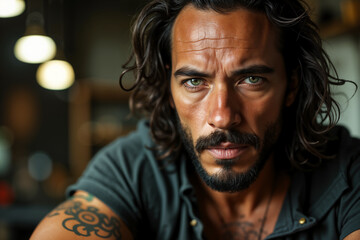 Obraz premium Bearded man with tattoos, wearing a grey shirt and looking contemplative, possibly suggesting he could be a musician or artist given his appearance and setting.