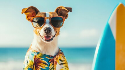A dog wearing sunglasses and a floral shirt at the beach with a surfboard.