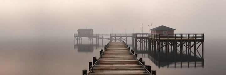 Obraz premium Dense autumn fog settles over the fishing dock, dock, sea