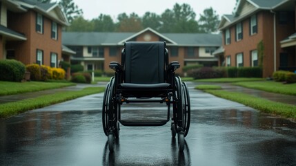 Empty wheelchair on a wet pathway in a quiet residential complex during overcast weather