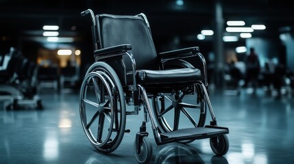 Obraz premium Wheelchair positioned in an empty airport terminal during quiet hours in the evening