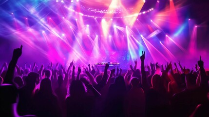 a crowd of people at a concert with their hands in the air