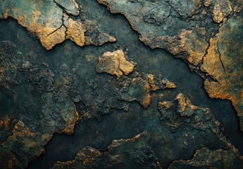 Textured Abstract Background with Dark Green and Gold Tones Featuring Cracked and Weathered Surfaces for Creative Design Projects and Artistic Applications