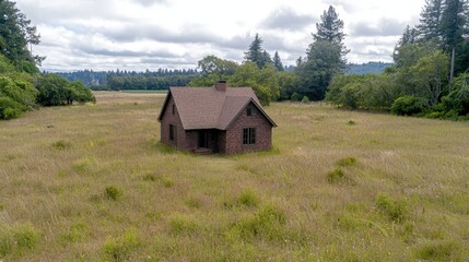 Fototapeta premium Rustic Brick House in a Summer Meadow Rural Landscape