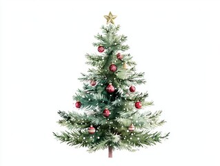 Fototapeta premium Festive Watercolor Christmas Trees with Ornaments and Lights on Isolated White Background