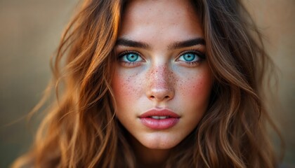 Naklejka premium Natural Light Close-Up Portrait of a Young Woman with Freckles and Wavy Hair Outdoors