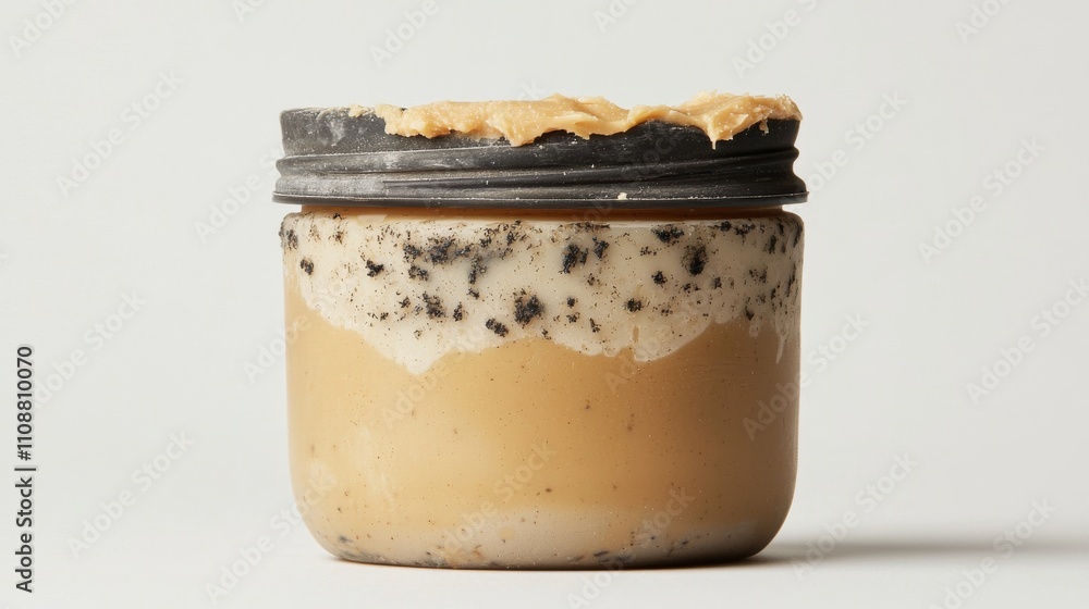 Poster a jar filled with layered nut butter, featuring a creamy top and a textured base with chocolate bits