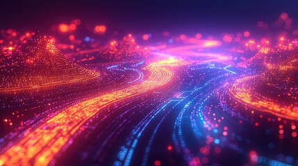 Fototapeta premium A vibrant digital landscape with flowing lights and peaks, depicting data or energy flow.