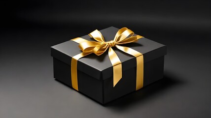 Obraz premium Horizontal banner with luxury designed gift box with ribbon bow isolated on black background with copy space. Christmas present collection from Secret Santa. Keep secret. Shush hissing hush concept