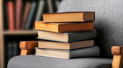 Stack of colorful books on wooden chair, a cozy reading nook for literature enthusiasts and learning