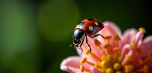 Obraz premium A close-up of a red ladybird sitting on a flower in a garden during spring