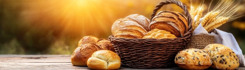 Warm, freshly baked bread in a rustic basket on wooden table, cozy and wholesome scene