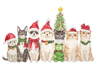 Playful Holiday Pets: Whimsical Watercolor Illustrations of Festive Animals in Intricate Designs on White Background