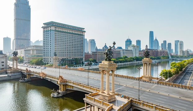 Aerial view of Da Guangming Bridge building in Tianjin