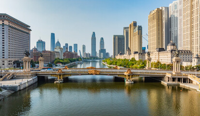 Fototapeta premium Aerial view of Da Guangming Bridge building in Tianjin