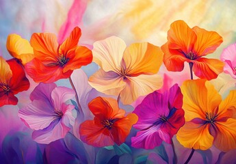 Obraz premium Vibrant Abstract Floral Arrangement Featuring Colorful Nasturtiums in Shades of Orange, Pink, Purple, and Yellow Against a Soft Blurred Background of Pastel Hues