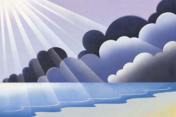 Fototapeta premium Sunlight Piercing Through Clouds Over Calm Ocean in Serene Illustration