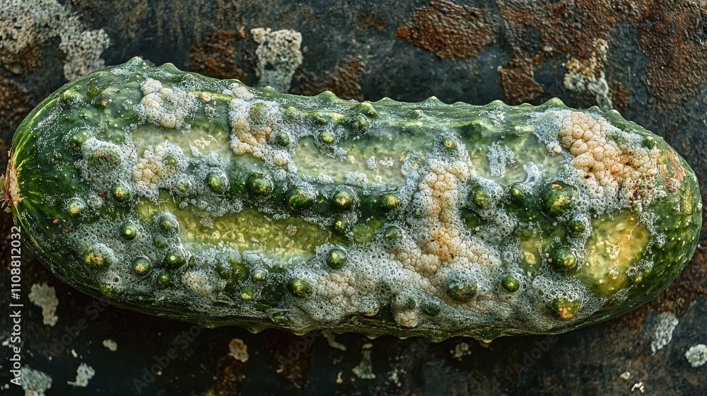 Poster a close-up of a cucumber with a rough, textured surface, showing signs of decay and mold, highlighti
