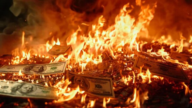 Burning money, currency notes engulfed in flames. VDO 4k ProRes