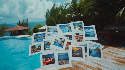 Collection of vibrant travel photos displayed by a luxurious poolside in a tropical paradise on a sunny day