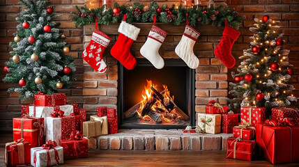 Fototapeta premium Cozy Christmas Eve by the Fireplace with a Decorated Tree, Stockings, and Warm Glowing Lights. Festive New Year Celebration Atmosphere.