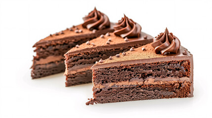 Delicious slices of chocolate cake arranged on a white background.