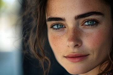 Fototapeta premium natural beauty with freckles and green eyes in a close-up portrait of a young woman with glowing skin