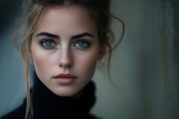 natural beauty with freckles and green eyes in a close-up portrait of a young woman with glowing...