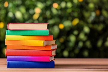 Colorful LGBTQ+ Literature Stack - A vibrant stack of books showcasing LGBTQ+ literature, symbolizing diversity, acceptance, knowledge, pride, and community.