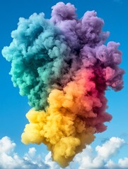 Fototapeta premium Colorful Smoke Explosion in the Sky - Vibrant, rainbow smoke plume against a blue sky, symbolizing creativity, freedom, energy, imagination, and transformation.