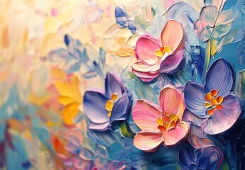Obraz premium Vibrant and Colorful Floral Abstract Artwork Featuring Delicate Pink and Blue Flowers with Textured Brushstrokes on a Light Background
