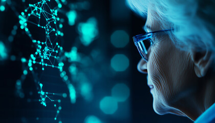 Elderly woman gazes thoughtfully at digital interface, exploring advanced technology in futuristic setting.