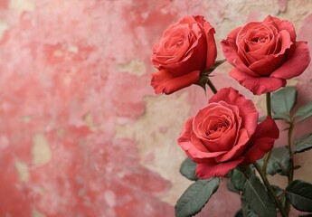 Obraz premium Vibrant and Elegant Red Roses Against a Softly Textured Pink Background for Artistic and Romantic Designs