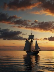 Fototapeta premium Sailing ship at sunset.