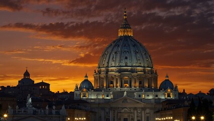 Obraz premium Saint Peter's Basilica at sunset in Vatican City.