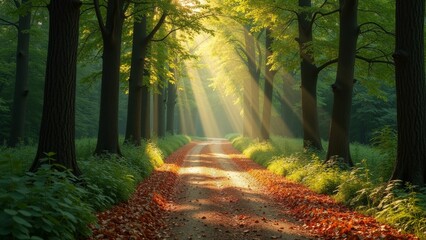 Obraz premium Peaceful forest path illuminated by dappled sunlight filtering through trees, surrounded by autumn leaves for serene ambiance
