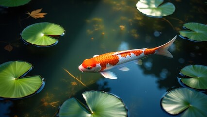 Serene koi pond with a single fish swimming gracefully among lily pads in dappled sunlight
