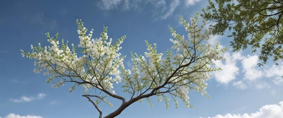 Obraz premium white acacia branch stretching towards the sky, white branch, acacia tree, woody stalk