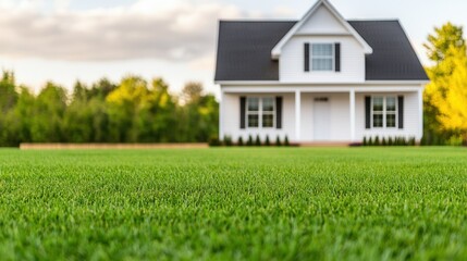 A charming white house with a black roof sits on lush green grass, surrounded by trees, under a partly cloudy sky.