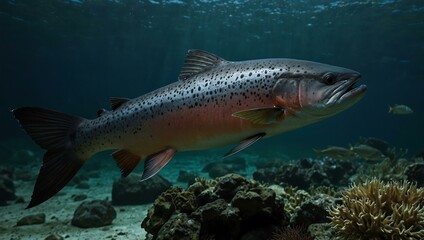 Salmon swimming in the deep.