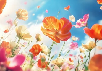 Obraz premium Vibrant Blooming Field of Colorful Wildflowers Under a Bright Blue Sky with Soft Clouds, Perfect for Nature and Spring Themes in Art and Design Projects