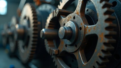 Detailed close-up of gears and cogs rotating inside a modern factory setting illuminated with soft lighting