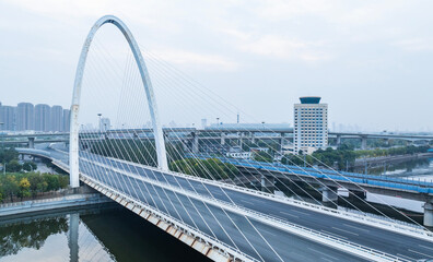 Fototapeta premium Aerial view of Zhicheng Road and Bridge building in Tianjin