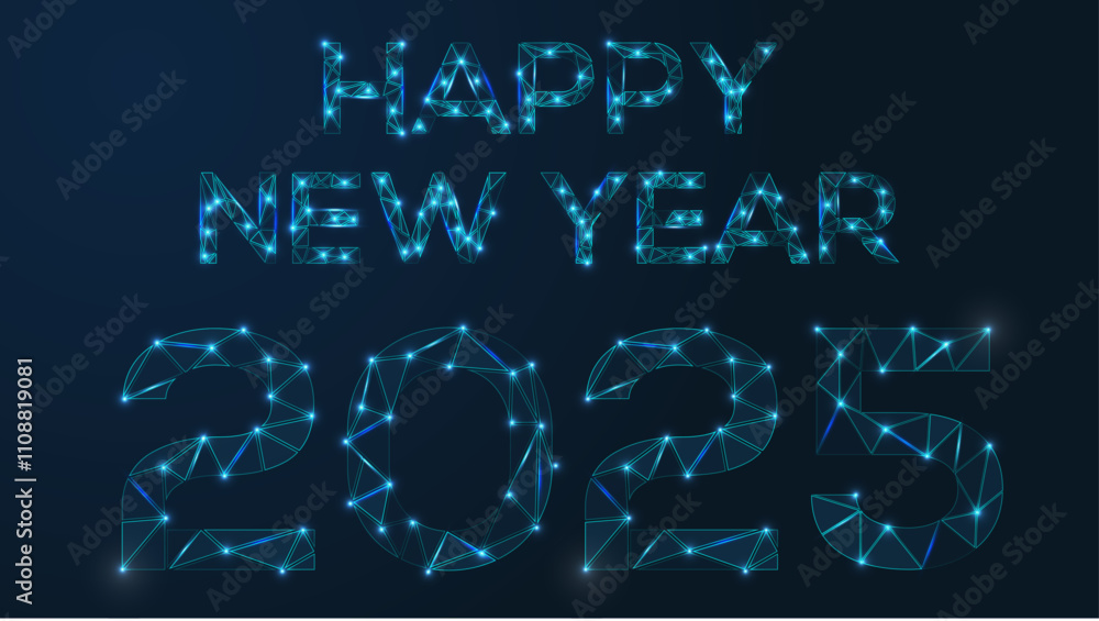 Poster happy new year 2025. vector low-poly image consisting of points and shapes in the form of stars and 