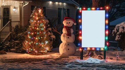 A white blank screen panel positioned beside a snowman in a front yard decorated with colorful Christmas lights