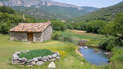 Rustic Stone Cottage  River  Meadow  Mountain Landscape