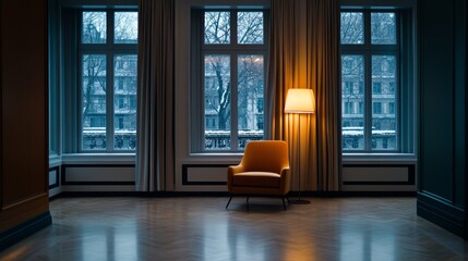 Fototapeta premium Elegant Room with Large Windows and Warm Lighting - Serene, elegant room, large windows, winter view, warm lamplight, comfortable armchair. Symbolising peace, luxury, comfort, warmth, and solitude.