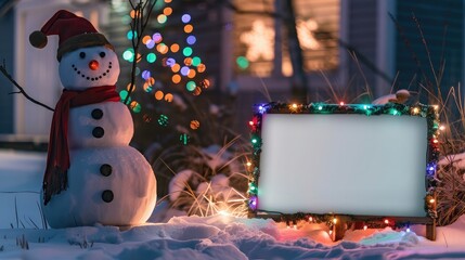 A white blank screen panel positioned beside a snowman in a front yard decorated with colorful Christmas lights