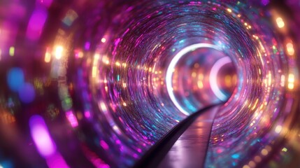 Obraz premium Colorful, glowing tunnel with bokeh lights and a dark pathway.