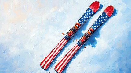 American Flag Skis - Childlike Oil Painting on Snowy Slope
